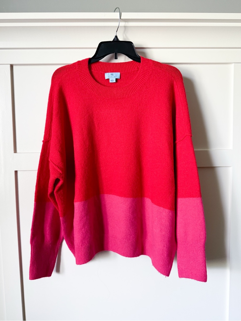 CeCe Colorblock Sweater Red Pink Crewneck Soft Knit Women's Large